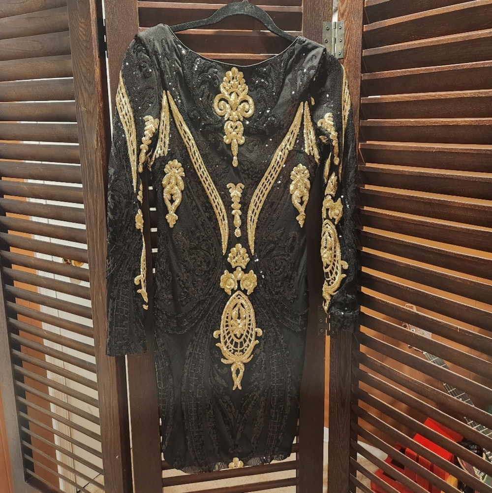 Azaka Elegant Black and Gold Embellished Dress